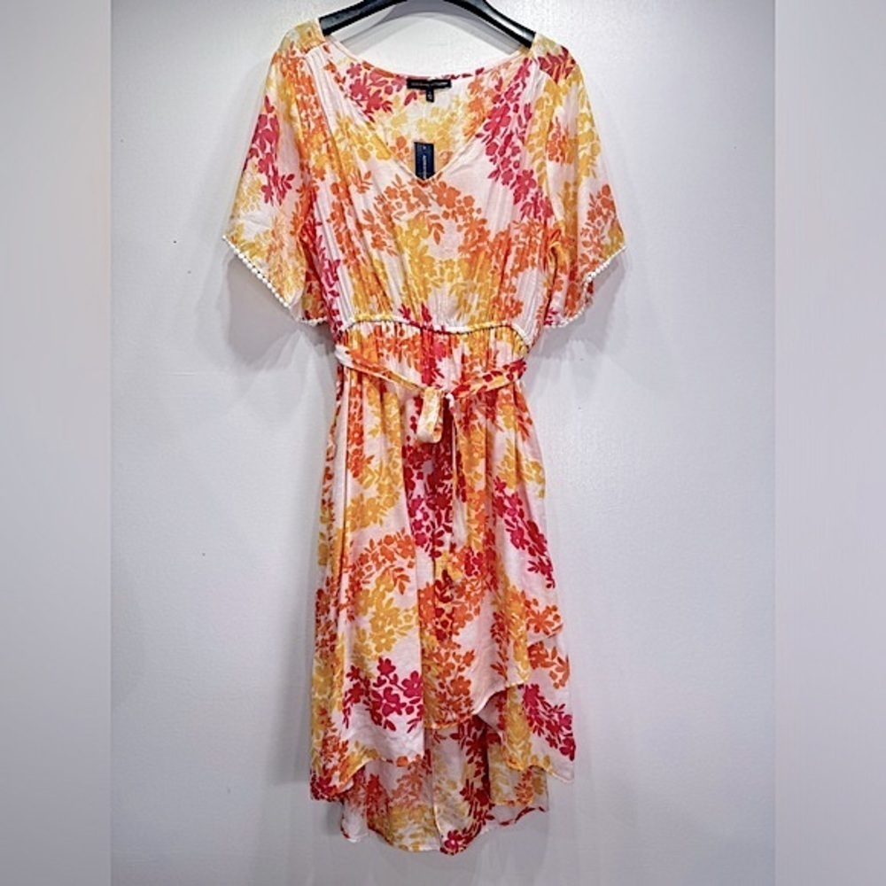 Adrienne Vittadini Floral V neck Semi Sheer Flowy Short Sleeve Dress Size L - Picture 3 of 10